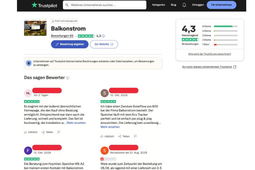 Trustpilot-Bewertung von Balkonstrom mit 4,3 Sternen und Kundenfeedback.